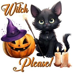 Halloween black cat sticker with pumpkin, witch hat and Witch Please text