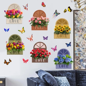 3D floral wall stickers with wooden frame design and colorful butterflies for home decor