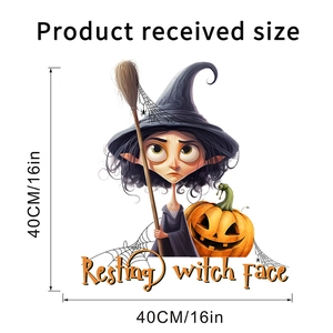 Detail showing Halloween witch and pumpkin wall sticker dimensions at 40cm by 40cm