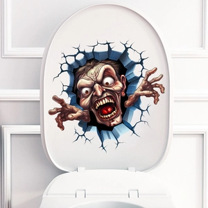 Macro view of a 3D zombie hand and face sticker breaking out of a toilet seat