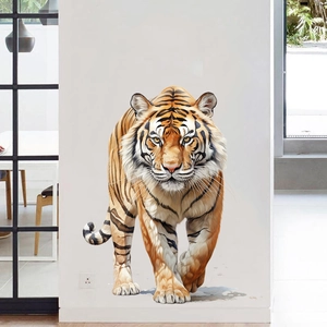 Detail of a realistic tiger wall sticker featuring fine fur texture on a white wall decor