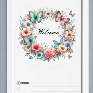 Detail of self-adhesive floral welcome wall sticker with butterflies on a white door