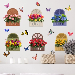 Detail of 3D floral window wall stickers with colorful butterflies and LOVE text