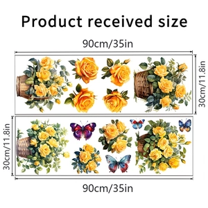 Detailansicht von zwei 90x30cm Aufklebern mit gelben Blumenkörben und bunten Schmetterlingen