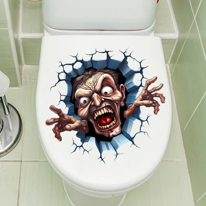 Close-up of a 3D zombie wall sticker on a toilet lid for Halloween prank decorations