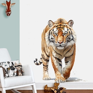 Close-up of realistic tiger wall sticker showing detailed fur texture on white living room wall
