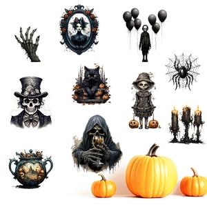 Halloween muurstickers set met gotische schedels, spinnen en oranje pompoenen