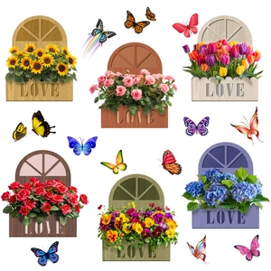 6-pack floral window stickers with colorful butterflies and LOVE flower boxes for wall decor