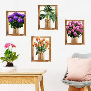 Stickers muraux 3D modernes avec fleurs en pot et verdure dans des cadres en bois rustique
