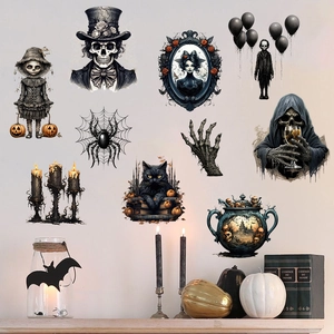 Gothic Halloween muurstickers set met schedel, spin en pompoen voor huisdecoratie