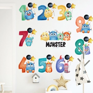 Sticker Mural Chiffres Monstre Dessin Animé Imperméable PVC Pour Chambre Enfant Crèche Fête Anniversaire Décoration Maison