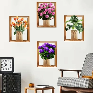 Stickers muraux 3D fleurs et monstera avec cadres dorés pour décoration intérieure