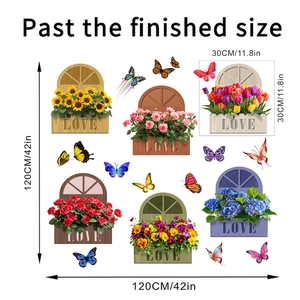 Detailed dimension guide for 3D butterfly floral wall stickers with 120x120cm layout size