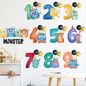 Stickers muraux chiffres de monstres colorés avec ballons pour décoration de chambre
