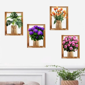 Autocollants muraux 3D détaillés avec fleurs réalistes en sacs de toile et cadres dorés