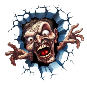 3D monster head wall sticker bursting through blue brick wall for Halloween decor