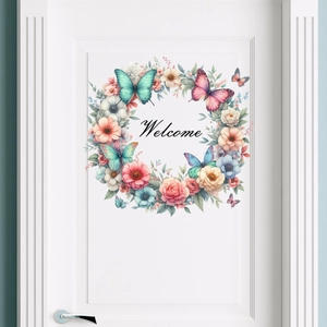 Peony and butterfly wall sticker with Welcome text on a white wooden door decor