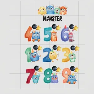 Stickers muraux chiffres monstres colorés pour chambre d'enfant avec ballons et étoiles