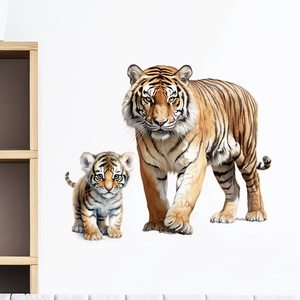 Detailed realistic tiger wall sticker showing adult and cub for living room decoration