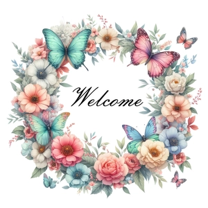 Floral Welcome wall sticker with colorful butterflies and blooming peonies for home decor