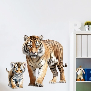 Realistic tiger and cub wall sticker set for home decor with self-adhesive design