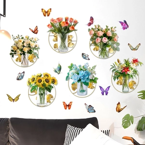 Golden ginkgo leaf flower vase wall stickers with colorful butterflies for living room