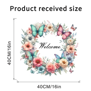 Detail view of flower butterfly wall sticker with Welcome text and 40cm size dimensions