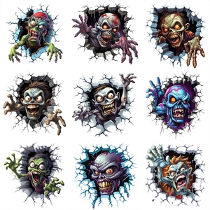 Set of 9 3D Halloween zombie stickers showing monsters breaking through walls for decor