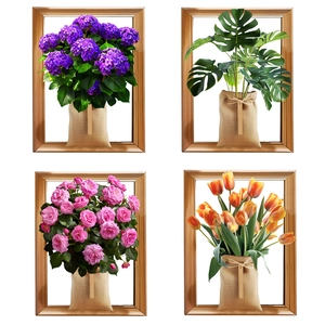 Stickers muraux 3D avec tulipes et pivoines dans cadres dorés pour déco maison