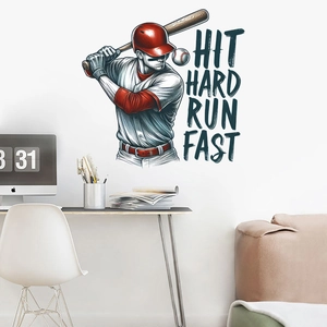 Hit Hard Run Fast baseball player wall decal sticker for sports themed room decor