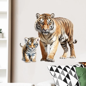 Detailed realistic tiger and cub wall sticker showcasing fine fur texture in living room