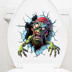 Detailed view of a 3D zombie wall sticker on a toilet lid with waterproof PVC material