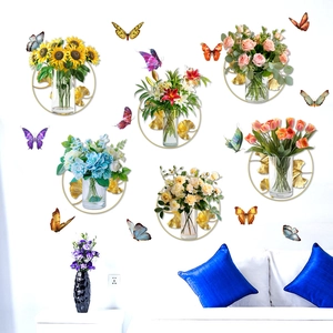 3D golden ginkgo leaf wall stickers with flower vases and butterflies for bedroom decor