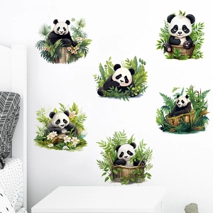 Six panda wall decals with green plants for nursery bedroom DIY home decor