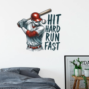 Detail of baseball player wall decal with Hit Hard Run Fast text for bedroom decor