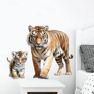 Realistic tiger family wall sticker for bedroom decor with detailed fur and texture