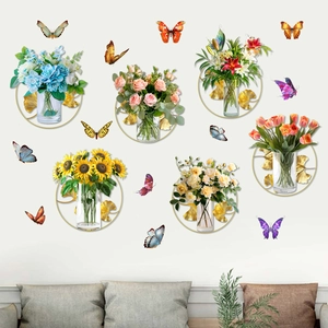 Golden ginkgo leaf wall stickers with flower pots and butterflies for home decor