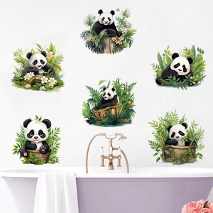 Self-adhesive wall stickers with six panda illustrations and green botanical plants