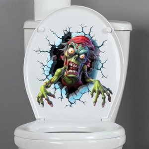 3D realistic zombie toilet sticker showing a green monster breaking through wall surface