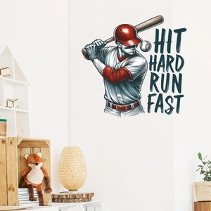 Close-up of baseball wall sticker featuring athlete and Hit Hard Run Fast slogan