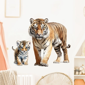 Detailed wall sticker showing a realistic tiger and cub in a cozy bedroom setting