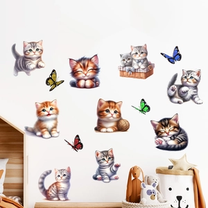 Detailed wall sticker set featuring various cute kittens playing with colorful butterflies