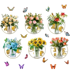 3D wall stickers featuring floral vases with golden ginkgo leaves and colorful butterflies