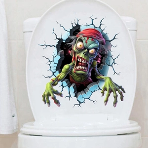 Detailed 3D zombie wall hole sticker on toilet lid for scary Halloween bathroom decor