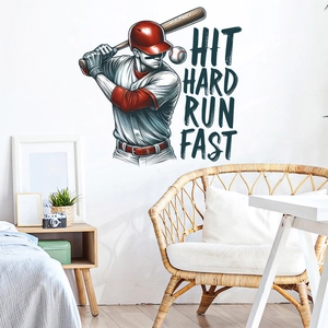 Detail view of baseball wall decal with Hit Hard Run Fast slogan in a modern bedroom
