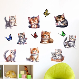 Cute cartoon cat and butterfly wall stickers set for living room and bedroom decor