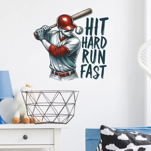 Detail of baseball wall sticker showing a dynamic batter with Hit Hard Run Fast slogan