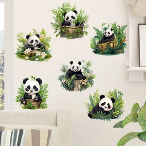 Set of 6 cute panda wall stickers featuring bamboo and flowers for living room decor