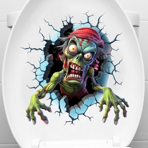 3D realistic zombie decal with green skin and red headscarf breaking through wall