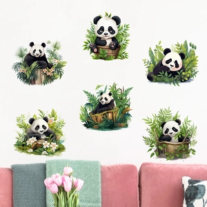 Detail of six panda wall stickers with green plants for home decoration and living room